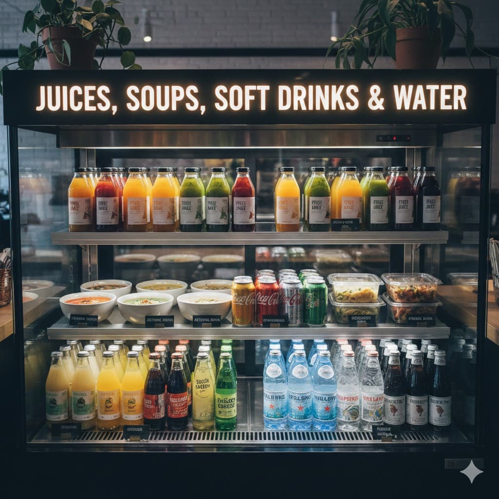 Juices, Soups, Soft Drinks & Water