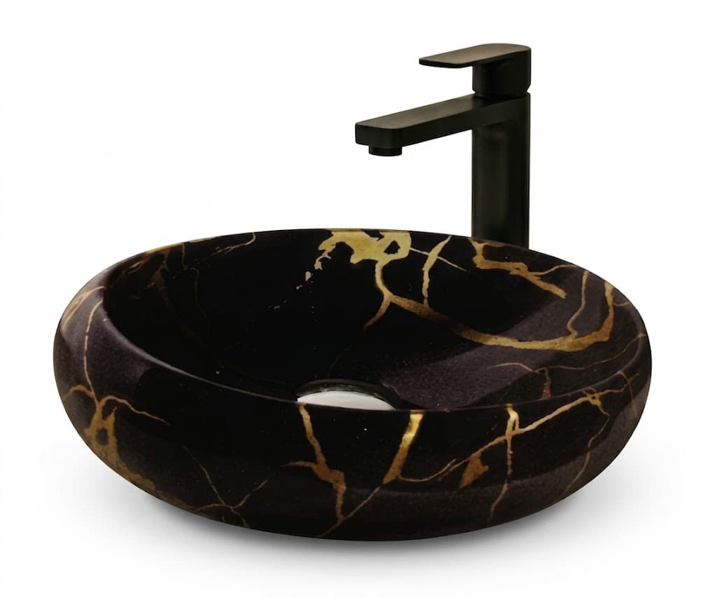 Black Marble Gold Vein Round Tabletop Wash Basin
