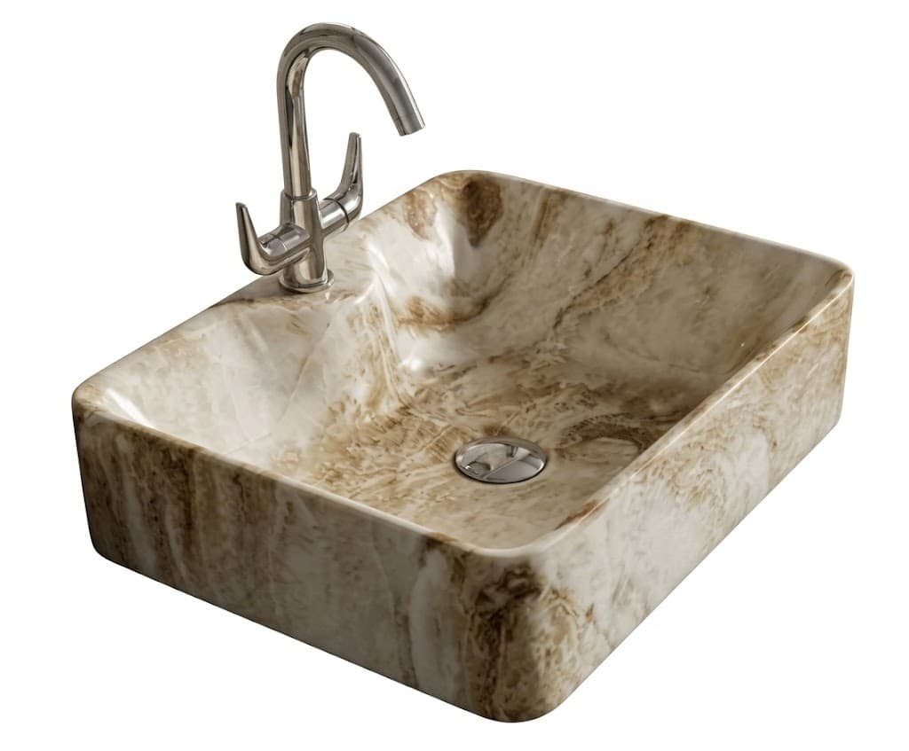 Brown Beige Marble Square Tabletop Wash Basin
