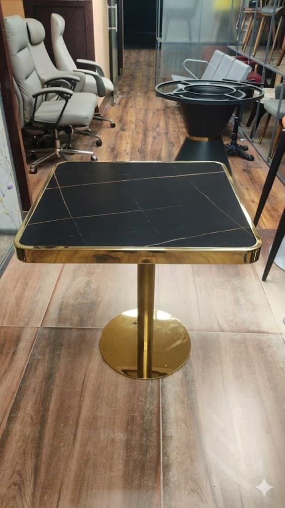 Luxury Marble Finish Square Dining Table with Gold Pedestal Base