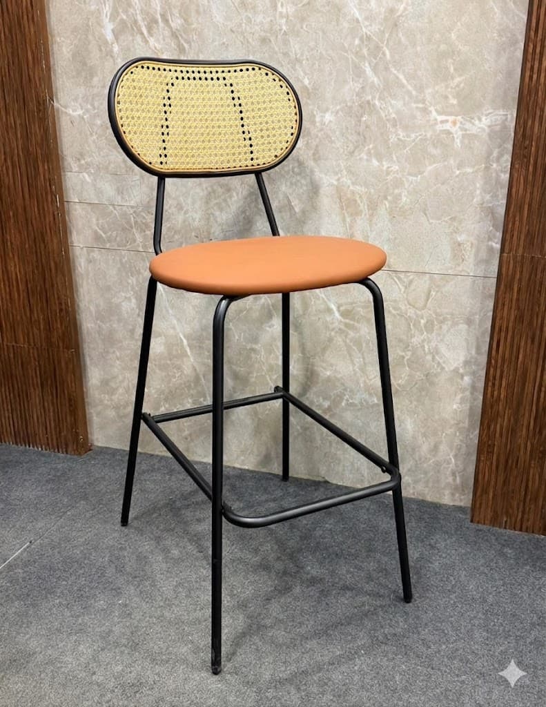 Modern Cane Back Bar Stool with Cushioned Seat