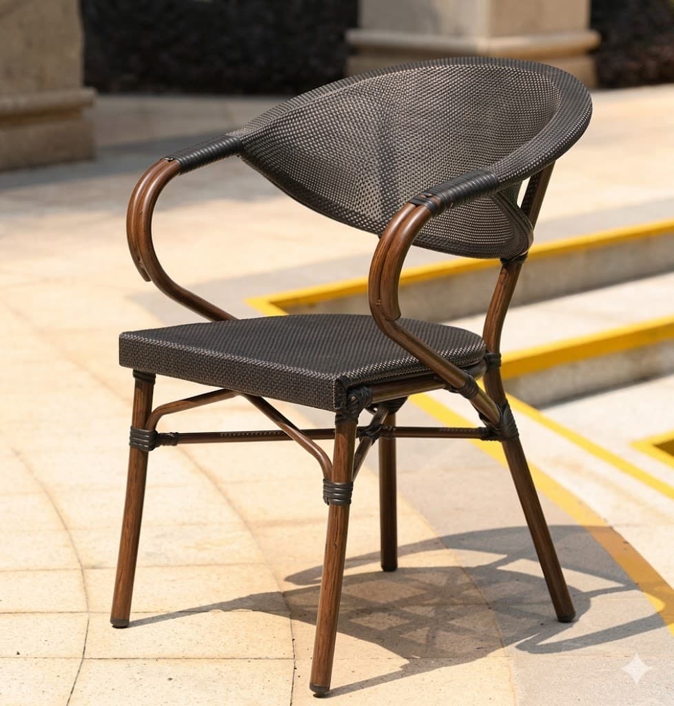 Outdoor Rattan-Style Café Armchair with Metal Frame