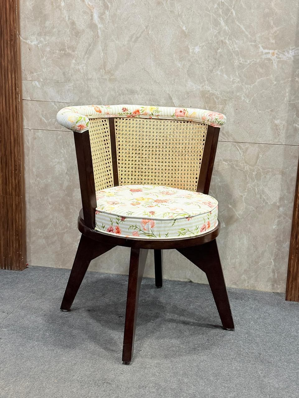 Vintage Cane Barrel Accent Chair with Floral Upholstery