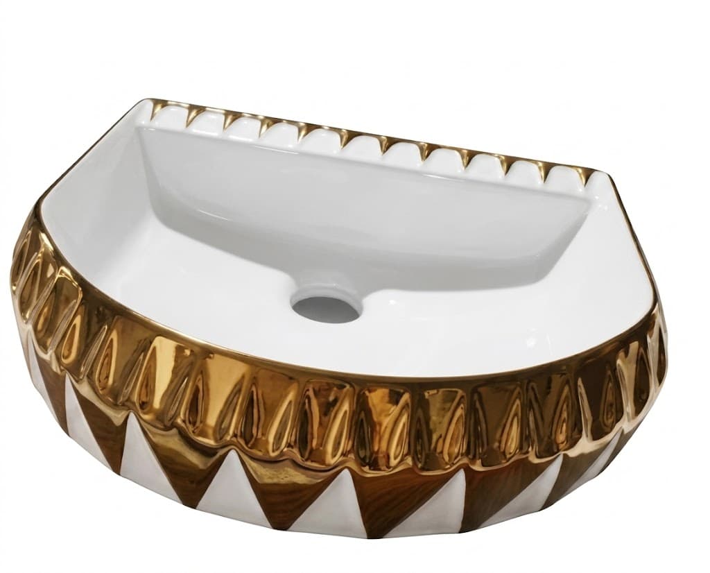 White & Gold Glossy Finish Table Top Basin