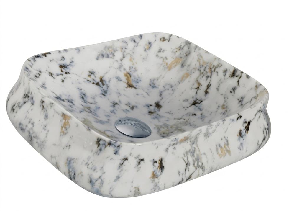 White Marble Blue & Gold Vein Square Tabletop Wash Basin