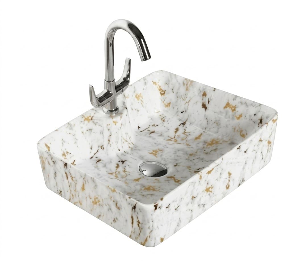 White Marble Gold Vein Square Tabletop Wash Basin